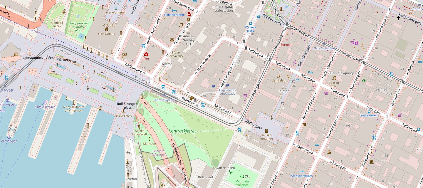 Kart over Kvadraturen i Oslo med Nedre Vollgate 1 midt i bildet